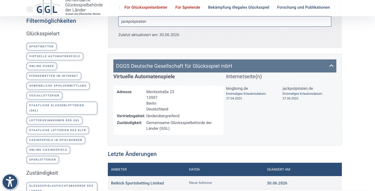 White-List-Eintrag von JackpotPiraten bei der GGL Eintrag der DGGS Deutsche Gesellschaft für Glücksspiel mbH in der offiziellen White-List der GGL mit den Domains jackpotpiraten.de und bingbong.de