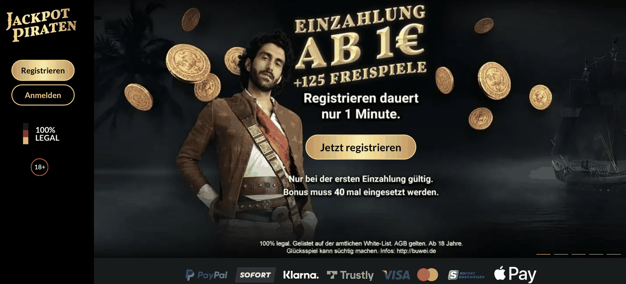 JackpotPiraten Startseite im Überblick JackpotPiraten Startseite mit Willkommensbonus ab 1 Euro Einzahlung und 125 Freispielen
